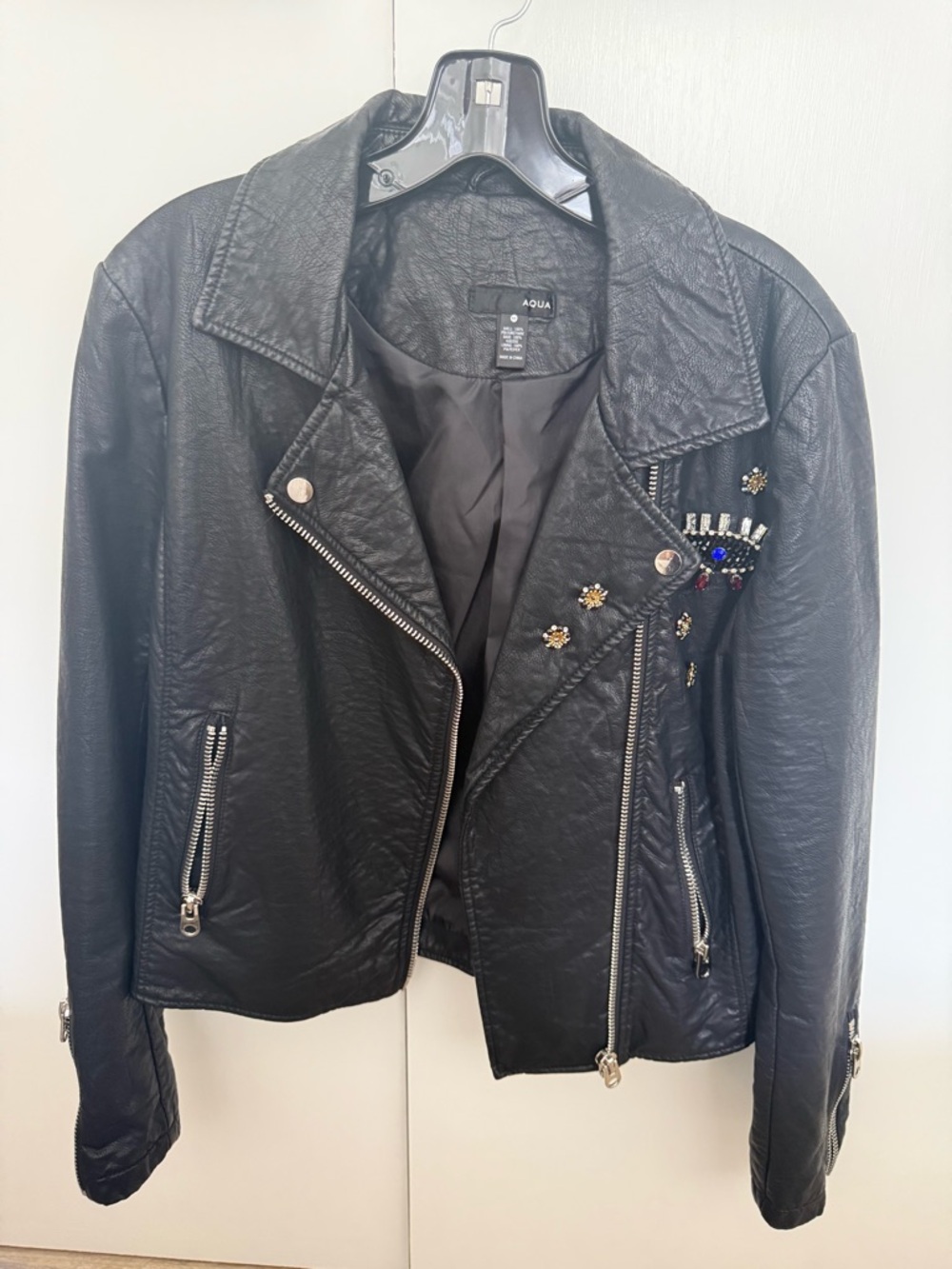 Aqua Black Faux Leather Moto Jacket with Beaded Embellishments